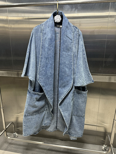 港味复古宽松大口袋蝙蝠袖，七分袖大衣，水洗做旧蓝色过膝开衫外套潮