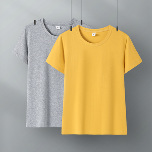 黄色修身短袖t恤女夏季纯棉，正肩基础款大码上衣，纯色小圆领体恤