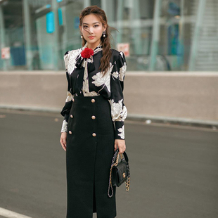 越南小众品牌everchic2023年夏季华丽气质黑色印花套装裙