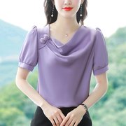 真丝衬衫女短袖别致漂亮小衫夏季装缎面衬衣紫色法式荡领上衣