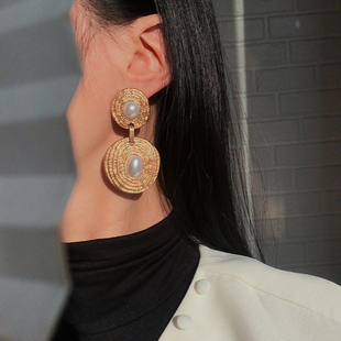 耳边铛392欧美复古纹理珍珠，耳环夸张长款气质，耳钉港风大耳饰耳夹