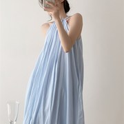 蓝色苎麻连衣裙女夏季法式温柔度假裙子 露肩宽松设计感挂脖长裙