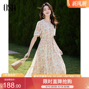 OSA欧莎碎花雪纺连衣裙女2024夏季新款法式气质温柔风泡泡袖长裙