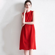 高端春夏季欧美宽松裙子，时尚气质红色真丝无袖，背心a字连衣裙