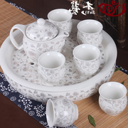  景德镇茶具套装整套茶复古茶壶茶杯 青花瓷 双层带茶盘