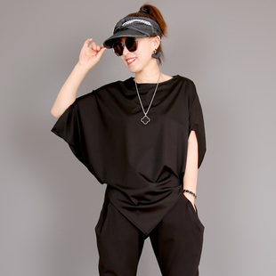 夏不规则设计落肩袖，t恤2024潮女韩版一字，蝙蝠袖宽松半袖通勤短袖
