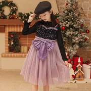 女童公主连衣裙紫色长袖冬款中大儿童冬装网纱拼接圣诞裙子洋气