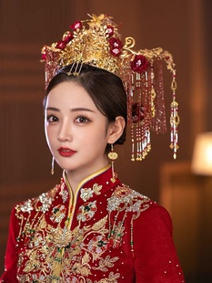 中式新娘凤冠头饰中国风，高端大气红色，流苏发饰原创手工私人定制