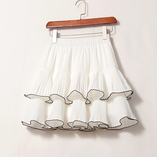 夏季短裙荷叶边蛋糕裙，小个子女生甜美黑白色高腰雪纺半身裙子