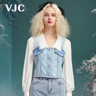 VJC/威杰思女装春夏短款纯棉吊带牛仔背心蓝色复古甜美