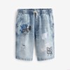 英国NEXT亲子装 24夏新男童大男孩淡蓝色涂鸦橡筋腰休闲牛仔短裤