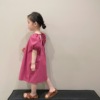 小露背系带女童玫红薄棉布，小泡泡袖连衣裙，韩国儿童中长款裙子夏