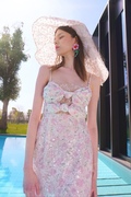 粉色亮片蝴蝶结吊带连衣裙仙女蕾丝裙女夏季甜美生日裙气质礼服裙