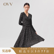 OVV春夏女装弹力针织面料印花V领优雅收腰长袖连衣裙