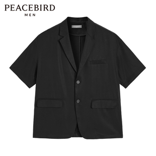太平鸟男装2024夏款黑色，五分袖小西装，时尚休闲便西外套b1bbc2432