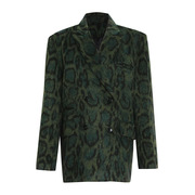 韩版气质绿色豹纹毛呢西装外套秋冬复古设计感双排扣廓形西服上衣