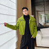 秋季时尚大翻领PU皮短款绿色皮衣男外套设计感韩版炸街绿夹克上衣