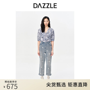 DAZZLE地素 奥莱复古蓝染民族印花镂空别致棉麻衬衫上衣女