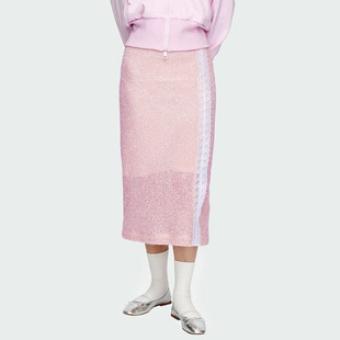 herlian23年秋季女士蕾丝，拼接粉色亮片中裙半身裙包臀裙