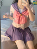胖mm大码秋款可爱少女紫色海军领短袖上衣百褶半身裙JK制服套装女