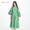 阁兰秀夏季绿色印花连衣裙圆领七分灯笼袖纯棉碎花垂感长裙