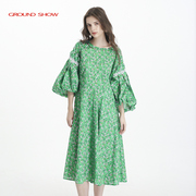 阁兰秀夏季绿色印花连衣裙圆领七分灯笼袖，纯棉碎花垂感长裙