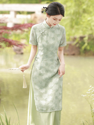 新中式绿色雪纺剪花假两件旗袍2023年中国风少女奥黛连衣裙
