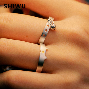 shiwu喵星人铃铛耳朵纯银戒指，小众设计情侣，对戒刻字闺蜜女生礼物