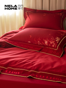 100s长绒棉全棉刺绣婚庆，结婚床上四件套，大红婚嫁婚房床品