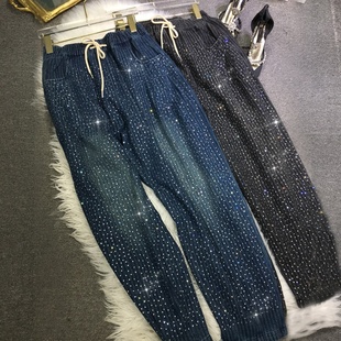 欧货重工烫牛仔裤女宽松哈伦裤松紧腰大码休闲长裤子小脚秋冬显瘦