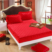 秋冬床笠三件套大红色，法兰绒单件加厚保暖珊瑚，绒夹棉床套床罩