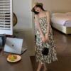 2022夏季小清新碎花吊带，连衣裙女装一字，领印花无袖高腰中长裙