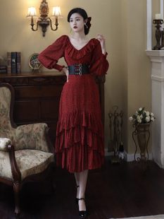 《大马士革玫瑰》复古红色豹纹女荷叶，边秋季连衣，裙子本命年款