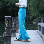 古石后-原创布衣绿松石色高端亚麻直筒裤宽松垂感 夏季薄款长裤女
