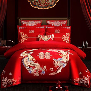 婚庆四件套大红全棉刺绣，结婚龙凤喜庆中式套件纯棉新婚房床上用品