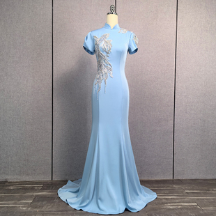 蓝色改良旗袍长裙减龄显瘦鱼尾走秀主持礼仪优雅气质礼服裙