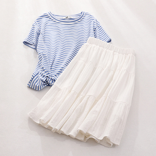 女童套装夏季纯棉套裙儿童条纹，短袖白色半裙两件套洋气中大童