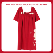 俞兆林睡裙女士夏季短袖纯棉，可爱红色睡衣，薄款休闲家居服连衣裙子