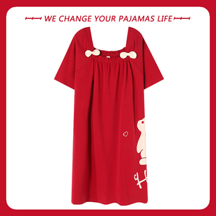俞兆林睡裙女士夏季短袖纯棉可爱红色，睡衣薄款休闲家居服连衣裙子