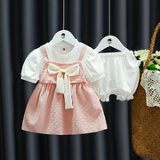 2023童装夏季女童短袖假背带，儿童两件套女宝宝，夏装婴幼儿韩版套装