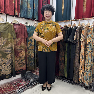 中国风立领T恤衫短袖民族风套装女40-50岁妈妈旗袍女式桑蚕丝小衫