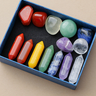 七彩混色天然水晶矿石原石标本六角柱摆件玛瑙玉石标本盒礼物儿童