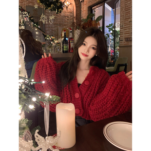 euskyiiwan红色灯笼袖圣诞，短款针织毛衣女(毛，衣女)秋冬高级短上衣女