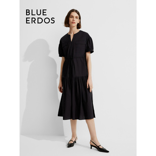 小黑裙系列BLUE ERDOS鄂尔多斯24春夏简约V领纯棉连衣裙