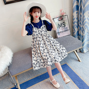 韩版儿童夏季裙子女童假两件短袖少女碎花连衣裙，时尚拼接洋气淑女