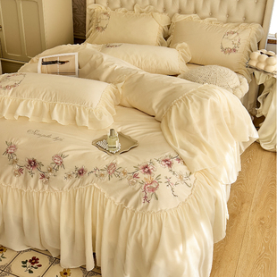 法式轻奢仙女全棉长绒棉床上四件套公主风蕾丝被套纯棉高级感床品