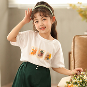 女童短袖t恤短款2024夏季韩版中大童蕾丝休闲洋气，白色短袖t