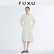芙蕖FUXU 法式休闲慵懒白色长袖连衣裙V领收腰显瘦简约中长裙子女