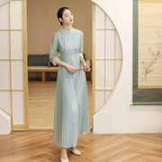 2021夏季中式国风禅茶人服修身长，款改良版中式文艺旗袍连衣裙