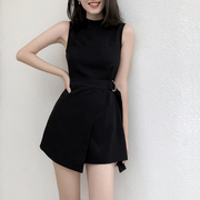 黑色连体短裤女雪纺2023夏季高腰显瘦小个子，时尚工装连衣裤潮